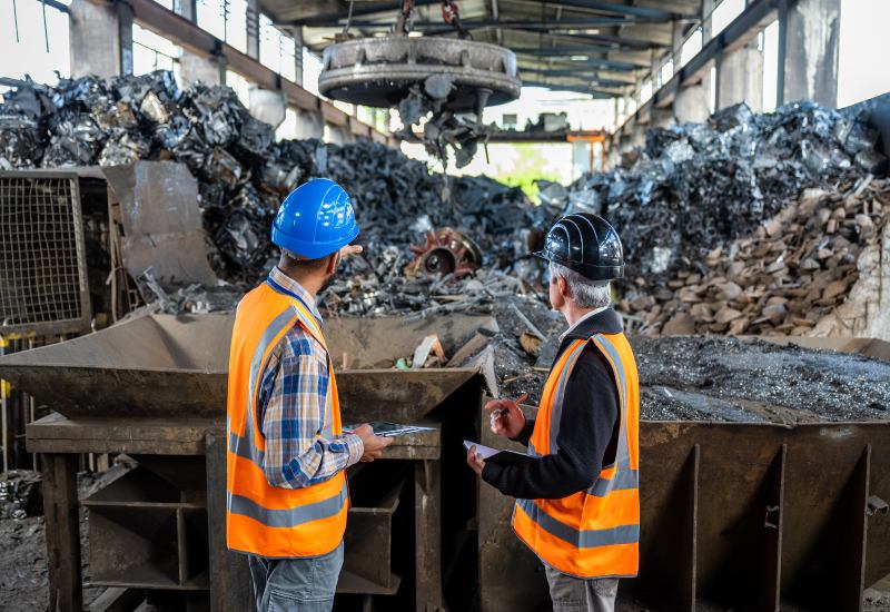 Two workers in safety gear inspecting scrap metal at a recycling facility in Vancouver, BC