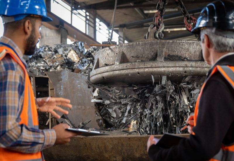 Workers inspecting scrap metal at a recycling facility in Vancouver, BC