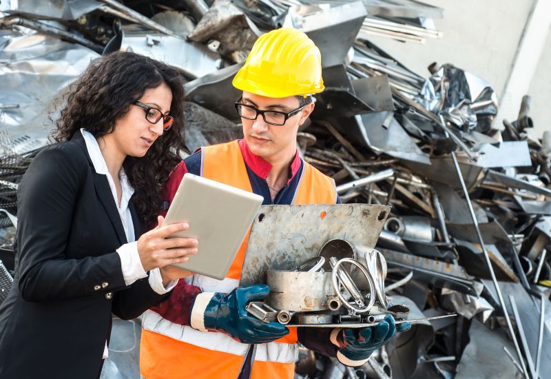 Two workers stand in front of a large pile of scrap metal, holding a tablet in Vancouver, BC.