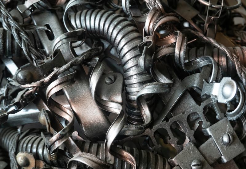 Close-up of mixed metal components and coiled springs in an industrial scrap pile in Vancouver, BC